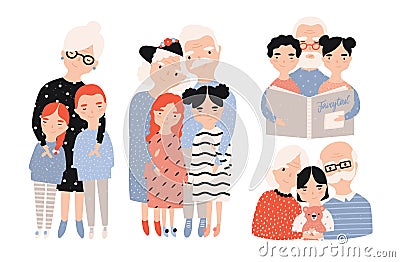 Happy grandparents with grandchildren set. Hand drawn cartoon illustrations collection. Vector Illustration