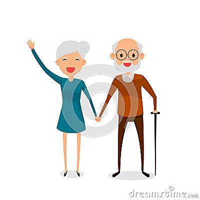 Happy grandparents holding hands standing full length smiling with walking stick. Retired elderly senior age couple. Vector Illustration