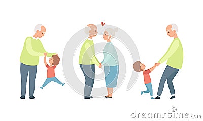 Happy Grandparents Set, Elderly Loving Couple Activity, Grandpa Having Good Time with their Grandson Cartoon Vector Vector Illustration