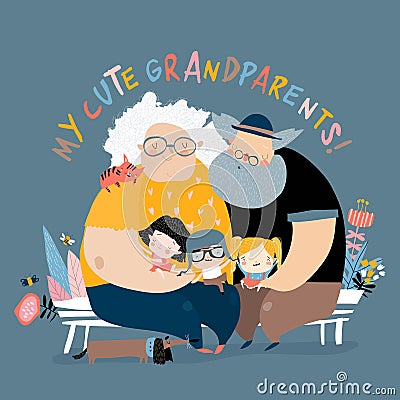 Happy grandparents with their grandchildren sitting on bench Vector Illustration