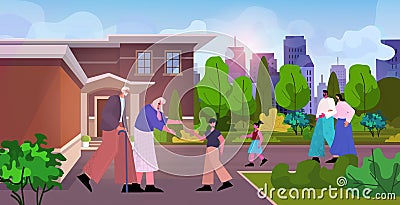 happy grandparents walking outdoor with grandchildren multi generation family spending time together Vector Illustration