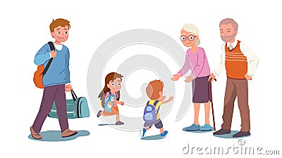 Happy grandson, granddaughter run to grandparents Vector Illustration