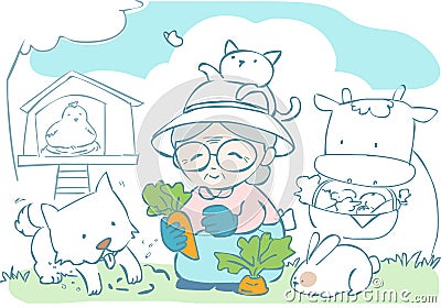 Happy granny gardening with her pet Vector Illustration