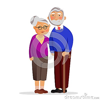 Happy granny and grandpa standing together and hugging. Aged people isolated on white background. Grandmother and Vector Illustration