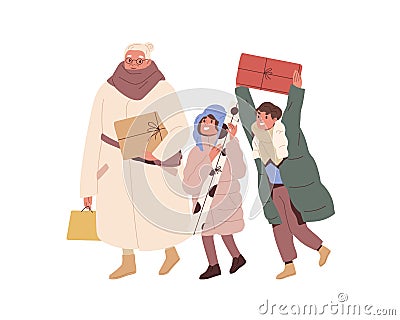 Happy granny and kids go with Christmas gifts in hands after winter shopping. Grandmother and children walk and hold Cartoon Illustration