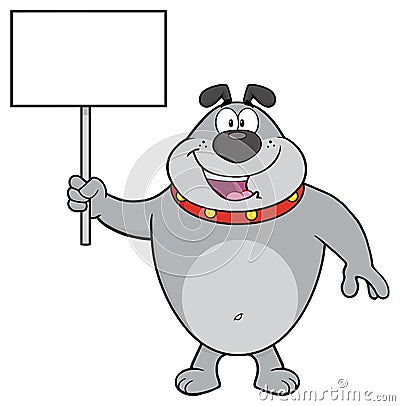 Happy Gray Bulldog Cartoon Mascot Character Holding A Blank Sign Vector Illustration