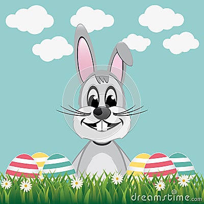 Happy gray bunny colorful eggs daisy meadow Vector Illustration