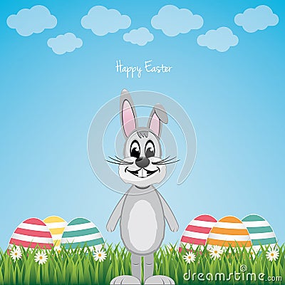 Happy gray bunny colorful eggs daisy meadow Vector Illustration