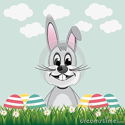 Happy gray bunny colorful eggs daisy meadow Vector Illustration
