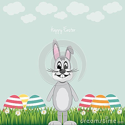 Happy gray bunny colorful eggs daisy meadow Vector Illustration