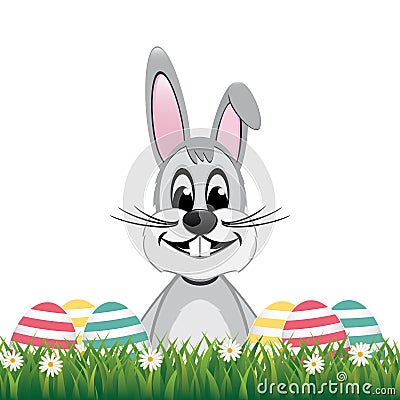 Happy gray bunny colorful eggs daisy meadow isolated Vector Illustration