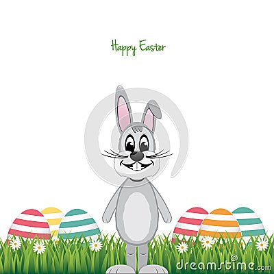 Happy gray bunny colorful eggs daisy meadow isolated Vector Illustration