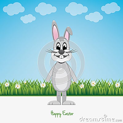 Happy gray bunny green field colorful eggs Vector Illustration