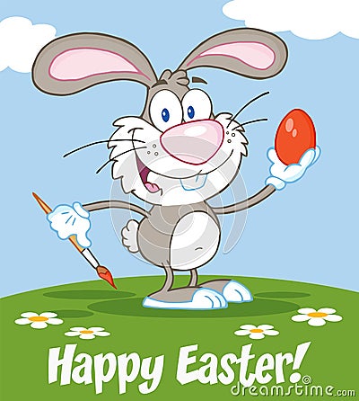 Happy Gray Rabbit Painting Easter Egg Stock Photo