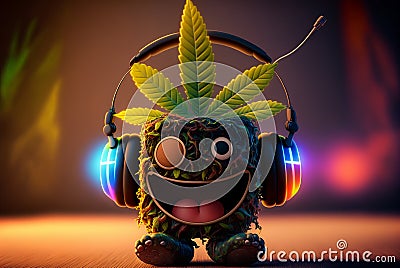 Happy green marijuana leaf enjoying music with headphones isolated on cinematic blurred backgroun Stock Photo