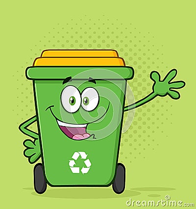 Happy Green Recycle Bin Cartoon Mascot Character Waving For Greeting. Vector Illustration