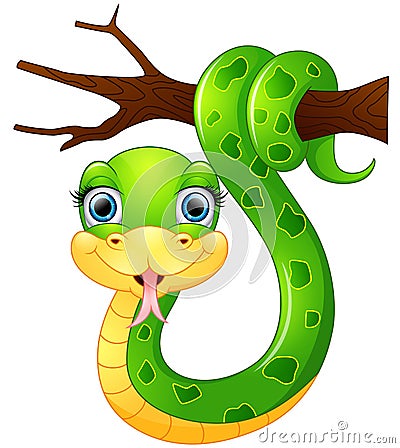 Happy green snake on the branch Vector Illustration