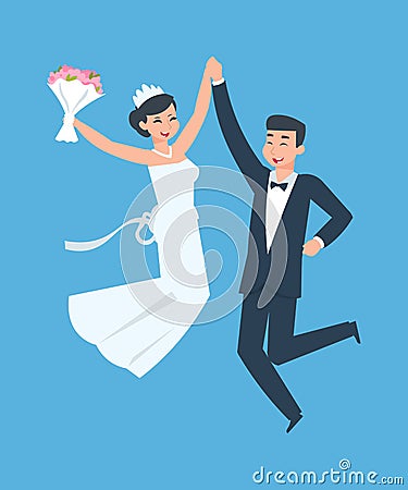 Happy groom and bride. Cheerful young wife and husband, funny man and woman. Wedding couple in traditional suits Vector Illustration