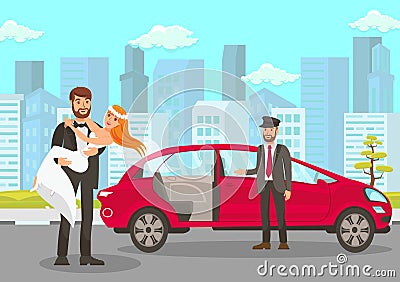 Happy Groom Holds Bride On Hands Illustration Vector Illustration