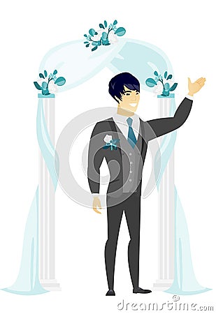 Happy groom standing under the wedding arch. Vector Illustration