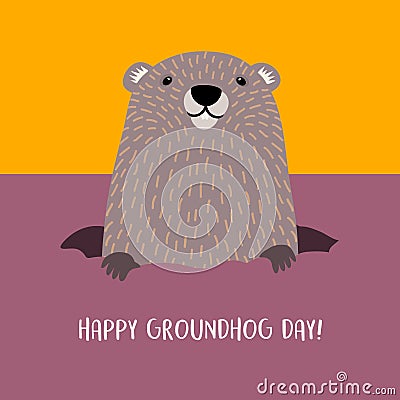 Happy Groundhog Day groundhog emerging from his burrow. Vector Illustration