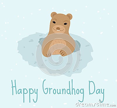 Happy Groundhog Day. Greeting card flat style. Celebration of spring. Cute, funny marmot comes out the hole. Vector Vector Illustration