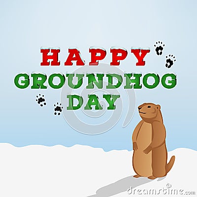 Happy groundhog day inscription on blue background. Groundhog cartoon character looking at his shadow. Vector Illustration