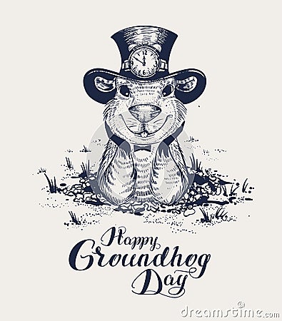 Happy Groundhog Day lettering text for greeting card. Funny marmot in hat gets out of hole and looks forward Vector Illustration