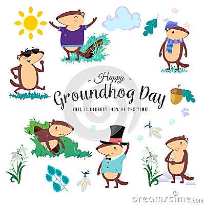 Happy Groundhog Day set, cute marmot in cylinder holds flower - white snowdrop, prediction of weather, animal climbed Vector Illustration