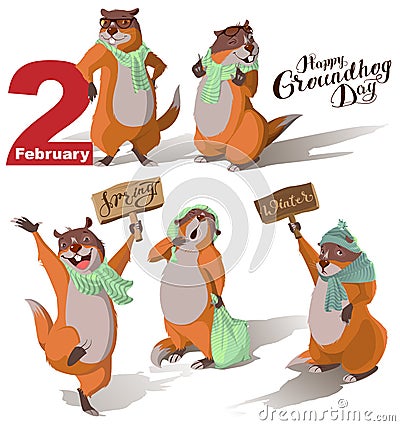 Happy Groundhog Day. Set Marmot casts shadow. Lettering text for greeting card Vector Illustration