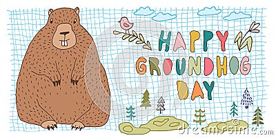 Happy Groundhog Day vector greeting card with hand drawn cute stylized groundhog. Vector Illustration