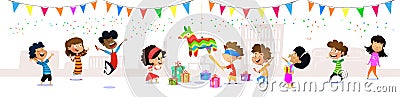 Happy group of cartoon children having fun at birthday party Vector Illustration