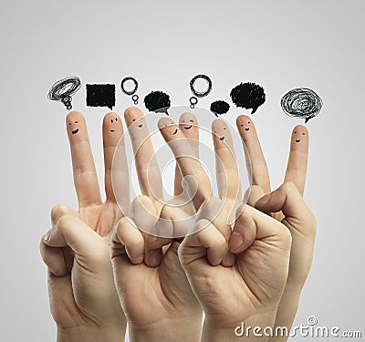 Happy group of finger with social chat sign Stock Photo