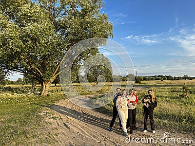 Happy group of friends on a hiking trip in Mazowsze in Poland Stock Photo