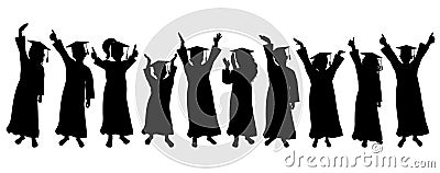Happy group of graduates children in square academic caps. Cheerful people silhouette. Graduation ceremony. Vector illustration Vector Illustration