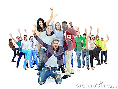 Happy group of people with arms up - isolated Stock Photo