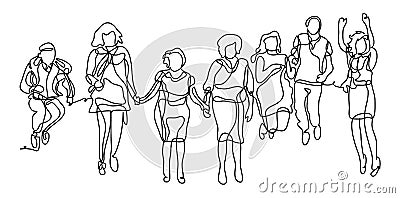 Happy group of people jumping on a white background. The concept of friendship, healthy lifestyle. Continuous line Vector Illustration