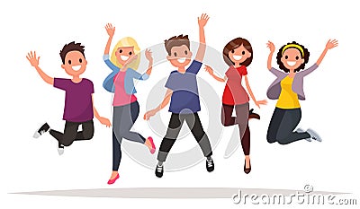 Happy group of people jumping on a white background. The concept Cartoon Illustration