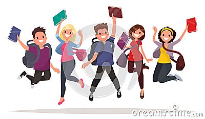 Happy group of students are jumping on a white background. Cheer Cartoon Illustration