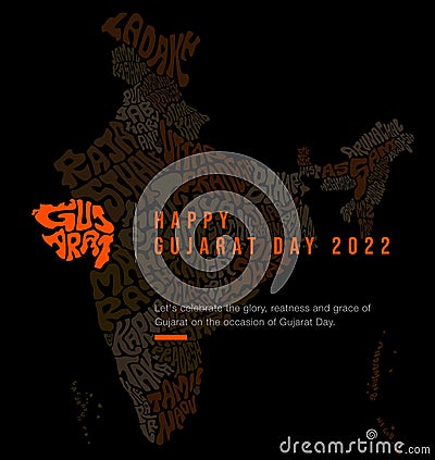 Happy Gujarat Day 2022 Greetings with gujarat map lettering. Indian states and glowing Gujarat map typography Vector Illustration