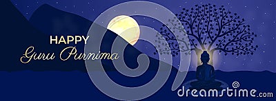 Happy Guru Purnima Gautama Buddha, Bodhi Tree, Moon, Night Sky, silhouette, stars, Mountains. Traditional Festival Horizontal Vector Illustration