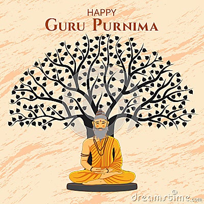 Happy Guru Purnima Traditional Hindu Festival Poster. Old monk or sage meditate sitting under tree Banner Design Vector Vector Illustration