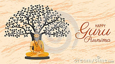 Happy Guru Purnima Traditional Hindu Festival Poster. Old sadhu, sage meditate sitting under tree Horizontal Banner Design Vector Vector Illustration