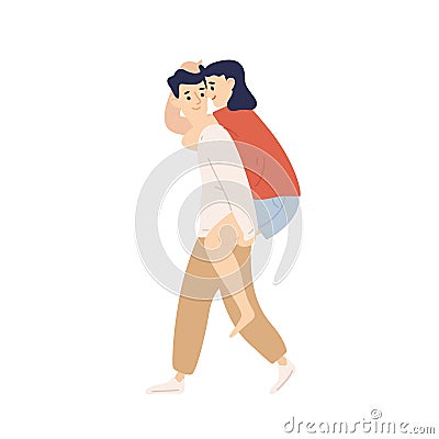 Happy guy carrying beloved girl on back having fun together isolated on white background. Joyful couple playing and Vector Illustration