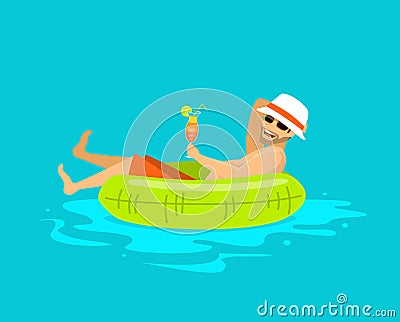 Happy guy floating in inflatable ring in the swimming pool, Vector Illustration