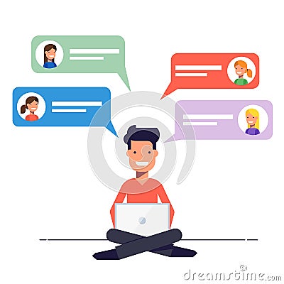 Happy guy is overwritten with the girls on a dating site. Communication via chat or e-mail on the Internet. A man sits Vector Illustration