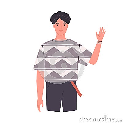 Happy guy saying hello and waving with hand. Smiling friendly man greeting and welcoming smb with hi gesture. Colored Vector Illustration