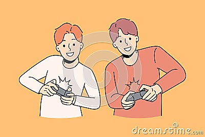 Happy guys have fun playing video games Vector Illustration