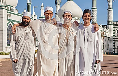 Happy, hajj and Muslim men at a mosque to pray, ramadan faith and group in Mekka together. Smile, religion and portrait Stock Photo