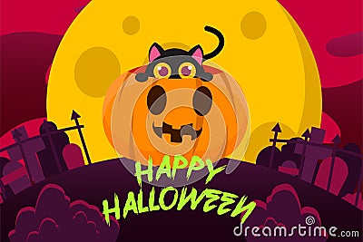 Happy Halloween Background With cute black cat hiding inside the pumpkin on a full moon night. Vector Illustration
